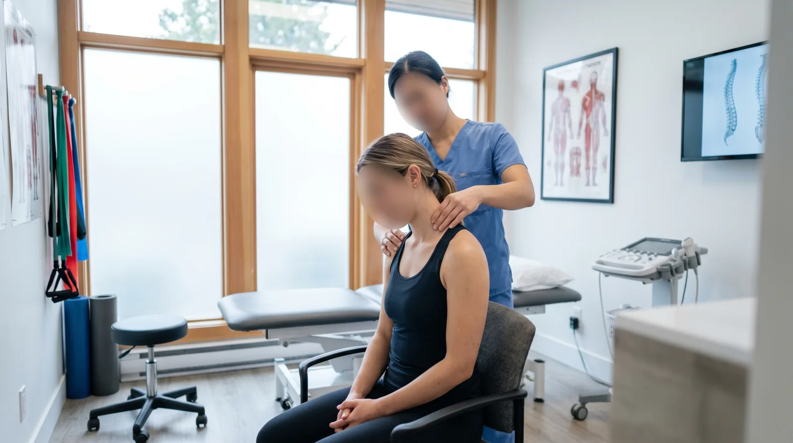 Physiotherapist assessing a patient's neck and shoulder at Medstar Sport Physio North Vancouver